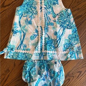Lilly Pulitzer White Dress & Bloomer Set with Turquoise & Aqua Floral Print